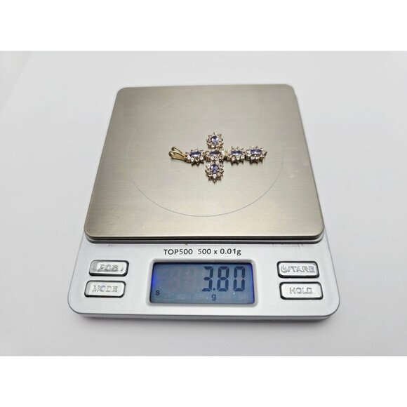 Unique 10K Karat Solid Yellow Gold Religious Tanzanite & CZ Cross Pendant Charm - Picture 13 of 13